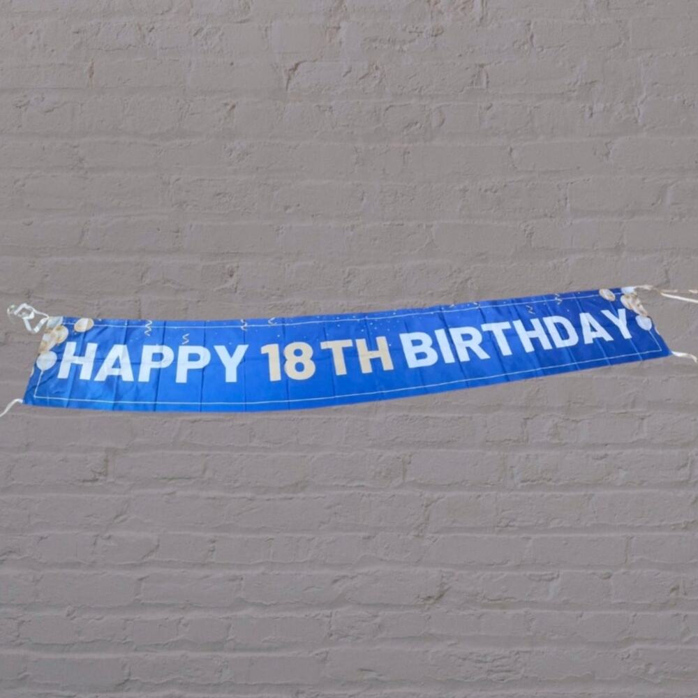 Happy 18th Birthday Banner Blue Gold Wall Flag Ribbon Party Backdrop 9.5ft Sign